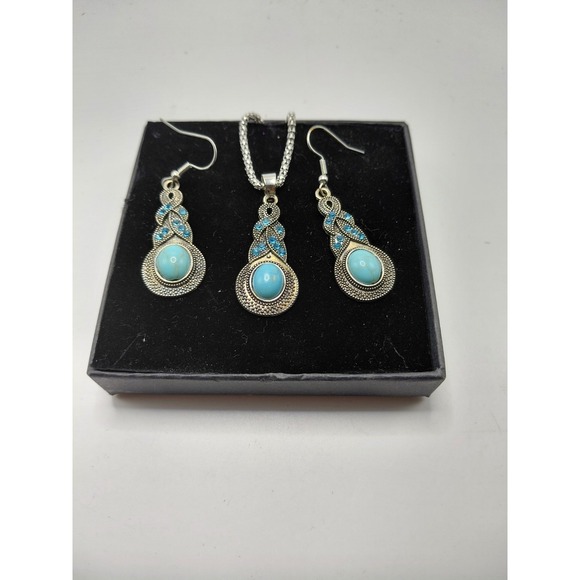 BohoBeauRoseBoutique Jewelry - 3PCS Set Vintage Boho Women Faux Turquoise Silver Drop Earrings Pendant Necklace